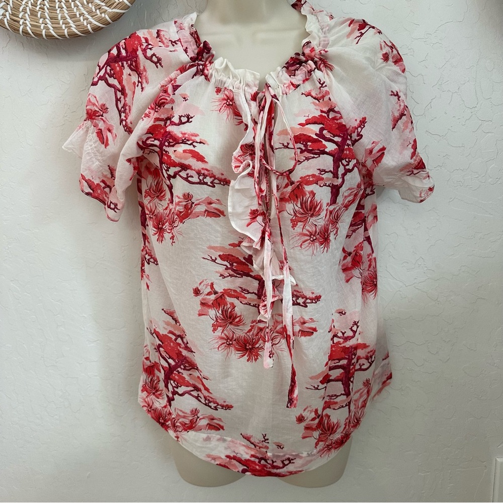 FARM Rio Red River Ride Sheer Cotton Blouse with ruffle neckline. Size Medium